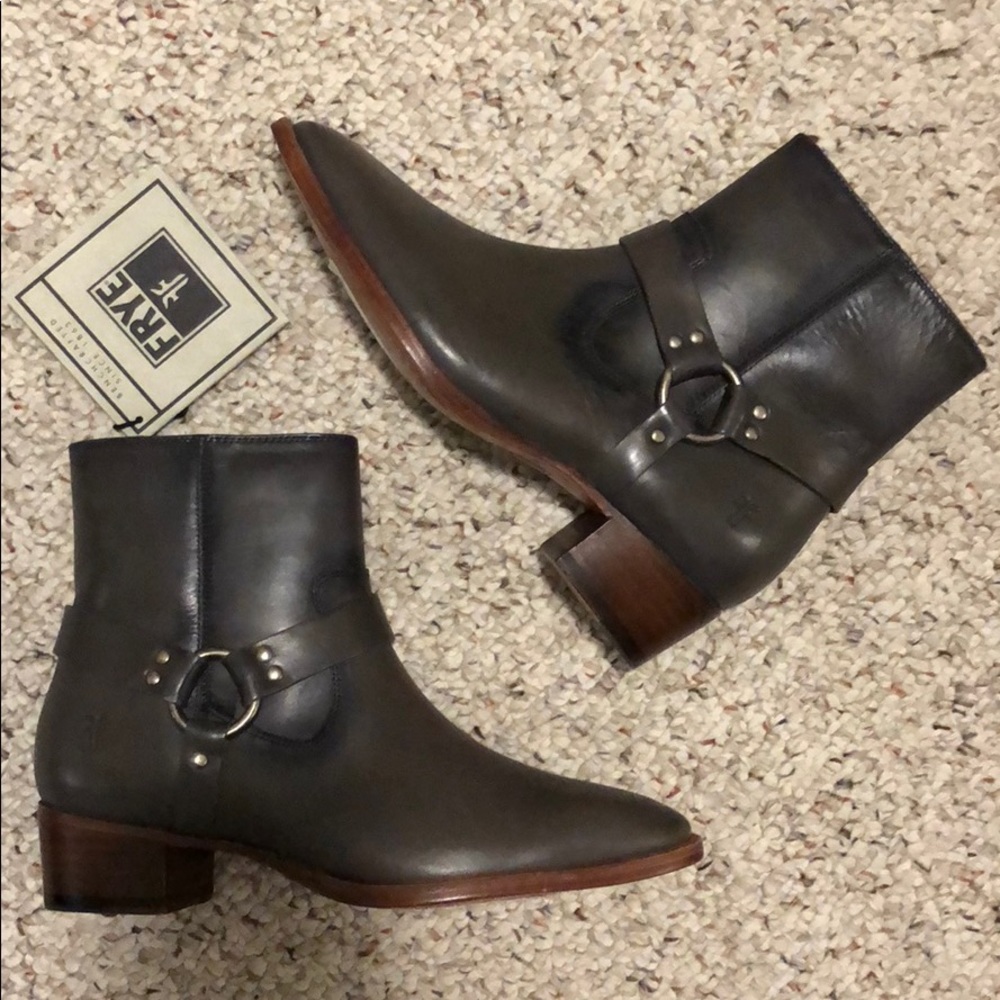 FRYE Grey Leather Harness Ankle Boots Booties 6.5